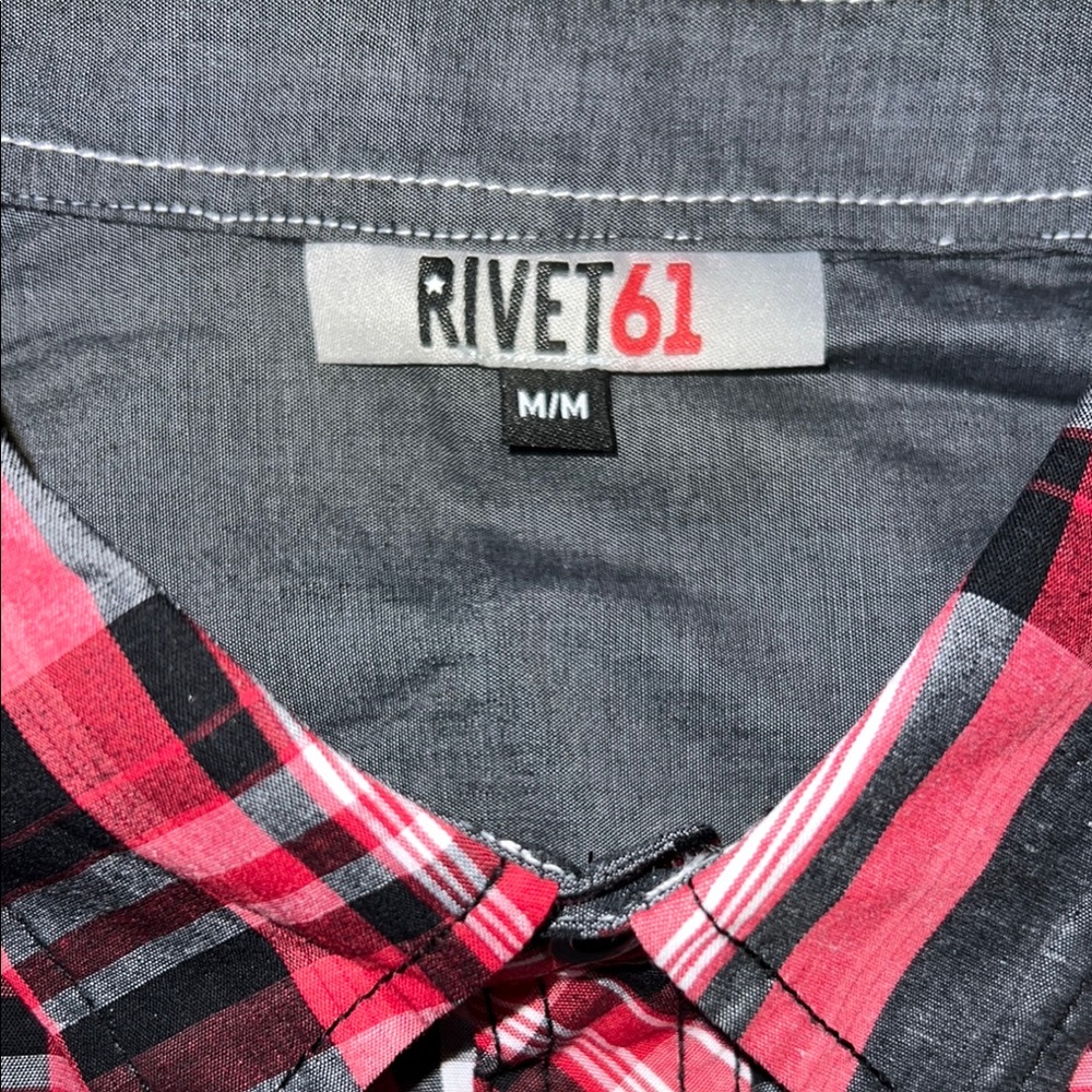 NWOT - RIVIT61 Red and Gray Casual Button Down Shirt with Plaid Design - Picture 2 of 7